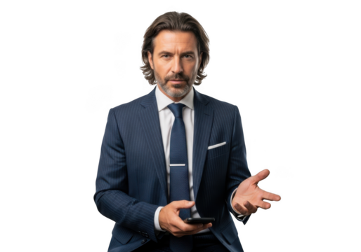 Professional businessman holding smartphone wearing suit posing for camera stock photo portrait isolated on transparent background