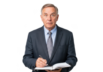 Surprised businessman taking notes, shocked expression, holding pen and notebook, isolated on transparent background