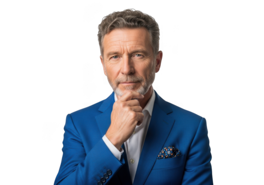 Thoughtful businessman portrait in blue suit, professional man posing, studio shot, isolated image, person with hand on chin, isolated on transparent background