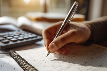 Close-up of hand holding pen and writing equations in notebook on desk with calculator in background