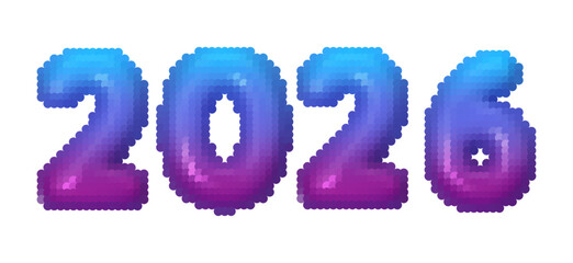 Vector illustration of gradient numbers 2026 in pixelated dot art style. Blue and purple mosaic texture. Modern decorative typography. Isolated on white background.