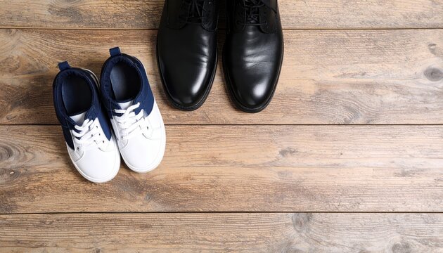 Elegant Contrast of Formals and Casuals Footwear with Wooden Floor