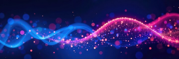 Abstract blue pink waves, dotted particles on dark background, elegant, swirl, modern