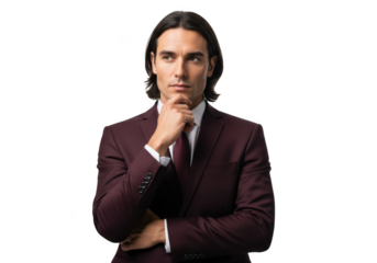 Pensive businessman in burgundy suit thinking deeply - portrait of a thoughtful executive - png image isolated on transparent background
