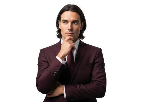 Pensive businessman in burgundy suit thinking deeply - portrait of a thoughtful executive - png image isolated on transparent background