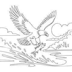 Continuous line of a eagle in the desert .Single one line art of wild eagle in the desert , One continuous line illustration of an eagle in the desert isolated on white background.