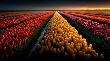 Fototapeta premium Colorful Tulip Fields with Vibrant Blooms at Sunset in Holland