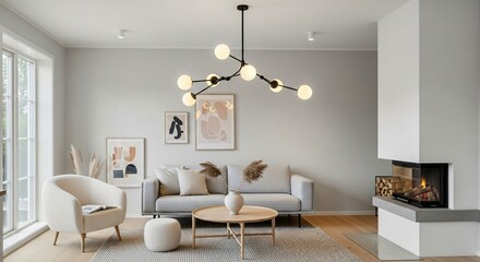 Fototapeta premium Cozy modern living room with fireplace and stylish furniture