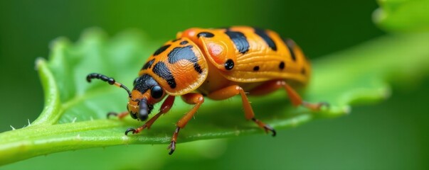 Close-up of Colorado potato beetle larva devouring potato leaf , natural enemy, plant disease, green