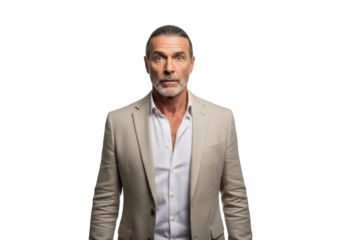 Shocked mature businessman in suit posing with expression of surprise and amazement, png portrait for design assets isolated on transparent background