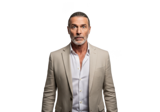 Shocked mature businessman in suit posing with expression of surprise and amazement, png portrait for design assets isolated on transparent background - Powered by Adobe