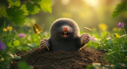 Cheerful Mole Holding Golden Tools in a Sunny Garden, Smiling Widely