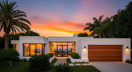 Fototapeta premium Stunning modern home at sunset with tropical ambiance