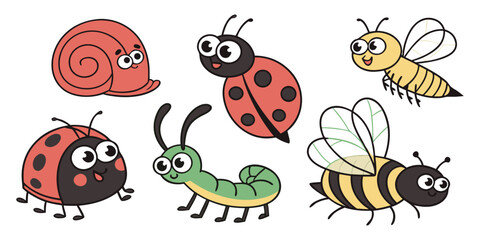 Snail, beetle, ladybug ladybird, dragonfly, ant, Butterfly, green caterpillar, spider, honey bee. Insect set. Cute cartoon kawaii baby animal character. Flat design. Isolated. White background.