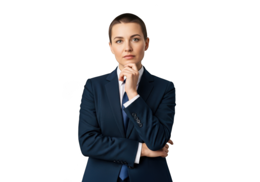 Pensive businesswoman in navy suit portrait stock photo, thoughtful female executive isolated on transparent background