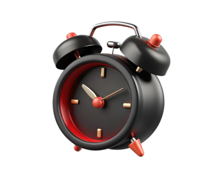 Retro twin bell alarm clock with red accents isolated on transparent background