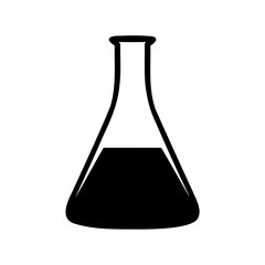 Laboratory Erlenmeyer flask silhouette filled with a black liquid and white background