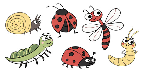Snail, beetle, ladybug ladybird, dragonfly, ant, butterfly, green caterpillar, spider, honey bee. Insect set. Cute cartoon kawaii baby animal character. Flat design. Isolated. White background.