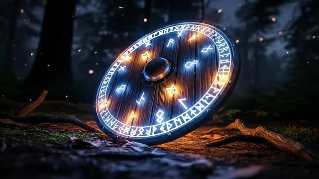A mystical wooden shield adorned with glowing blue and orange runic symbols rests on a mossy forest floor amidst a dark, enchanted woodland.