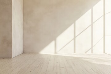 A minimalist interior corner showcasing natural light and shadows on a pale beige wall and light wood floor.