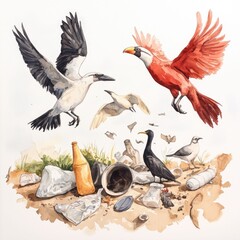 Obraz premium Vibrant Watercolor Painting of Birds Contrasting Against a Wildlife Refuge Choked by Discarded Plastic and Waste Materials Highlighting the Environmental Crisis and Need for Conservation