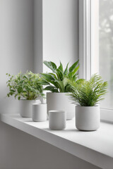 Fototapeta premium beautifully arranged window sill featuring lush green plants with popup care tips for each species