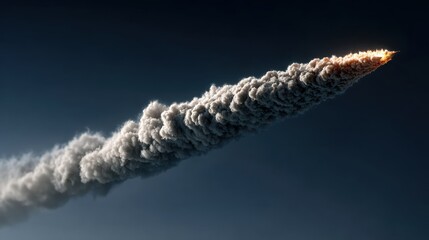 Rocket Trail against Dark Sky with Bright Flames and White Smoke
