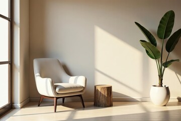 Beige stucco wall, fabric lounge chair, wood stump side table Rustic minimalist living room , earthy tones, wood grain