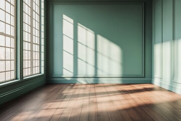 Obraz premium A sunlit corner room with pale green walls and wooden floors, showcasing the elegant play of shadows cast by large windows.