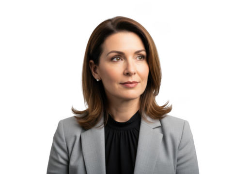 Professional business woman in gray suit looking confident stock photo portrait png image for design and editing isolated on transparent background