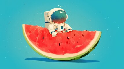 Cartoon-style watermelon in space, with astronaut helmet