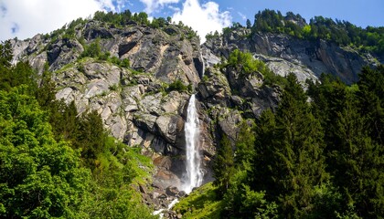 Majestic waterfall cascading down a steep rocky mountainside, surrounded by lush green forests, bathed in bright sunlight.