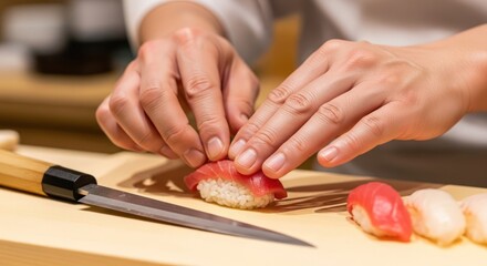 Obraz premium Chef preparing delicious tuna nigiri sushi with sharp knife on wooden board, gourmet Japanese cuisine