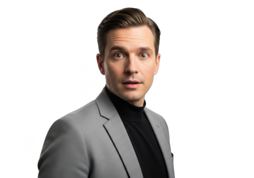Surprised man in gray suit and black turtleneck portrait photography, studio shot, isolated on transparent background - Powered by Adobe