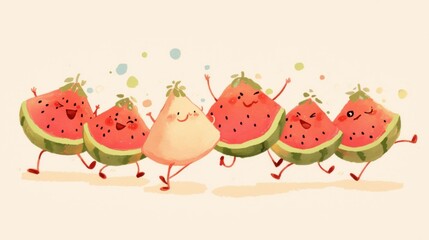 Naklejka premium Kawaii watermelon group dancing, pastel marker illustration