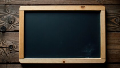 Clean black chalkboard rests on rustic wooden surface Top view , top view, flat lay, photo