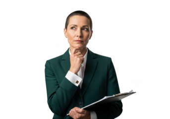Thoughtful businesswoman with clipboard looking upward, professional woman pondering isolated on transparent background