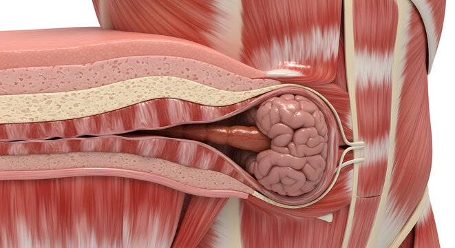Medical visualization of hernia in abdominal wall anatomical 3D render