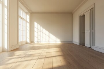 Obraz premium A sun-drenched, empty room with expansive windows and light-toned, classic d?cor casts graceful shadows across a light-colored wooden floor.