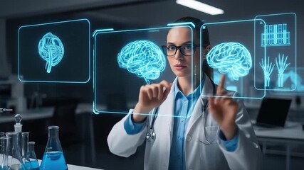 Female doctor interacts with glowing holographic screens analyzing medical scans in a modern lab showcasing advancements in medical technology for patient care - Powered by Adobe