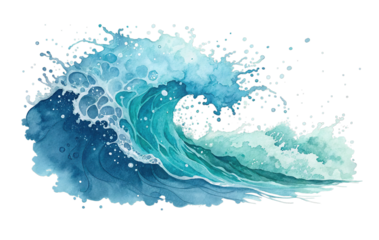 Powerful ocean wave crashing with water droplets isolated on transparent background