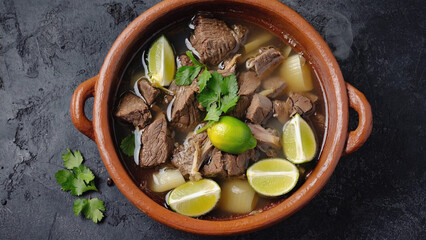  Caldor de res (beef soup) steaming in a clay bowl with vegetables and lime wedges background illustration. Ai generated.