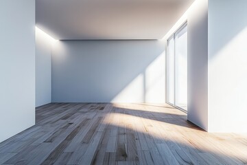 Obraz premium A bright, empty room with pale walls, a wooden floor, and large windows, bathed in natural light.