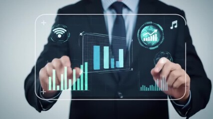 Businessman Using Futuristic AI Interface with Digital Data Visualization
 - Powered by Adobe