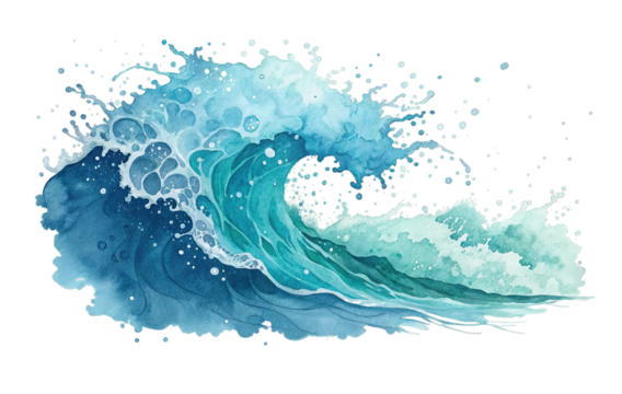 Powerful ocean wave crashing with water droplets isolated on transparent background