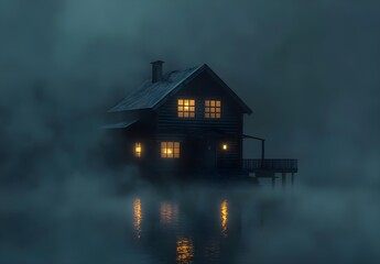 Fototapeta premium Mysterious Cabin on the Lake at Night
