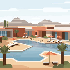 Fototapeta premium Desert Resort Poolside Modern Architecture Loungers Umbrellas and Palm Trees.