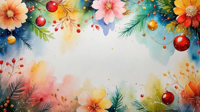 Watercolor Christmas Floral Frame with Ornaments and Berries for Holiday Greetings