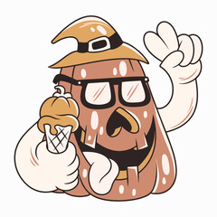 Cute Halloween pumpkin cartoon vector illustration wearing witch hat and glasses holding ice cream cone