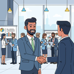 Two diverse businessmen in suits shaking hands smiling making a deal professional agreement.